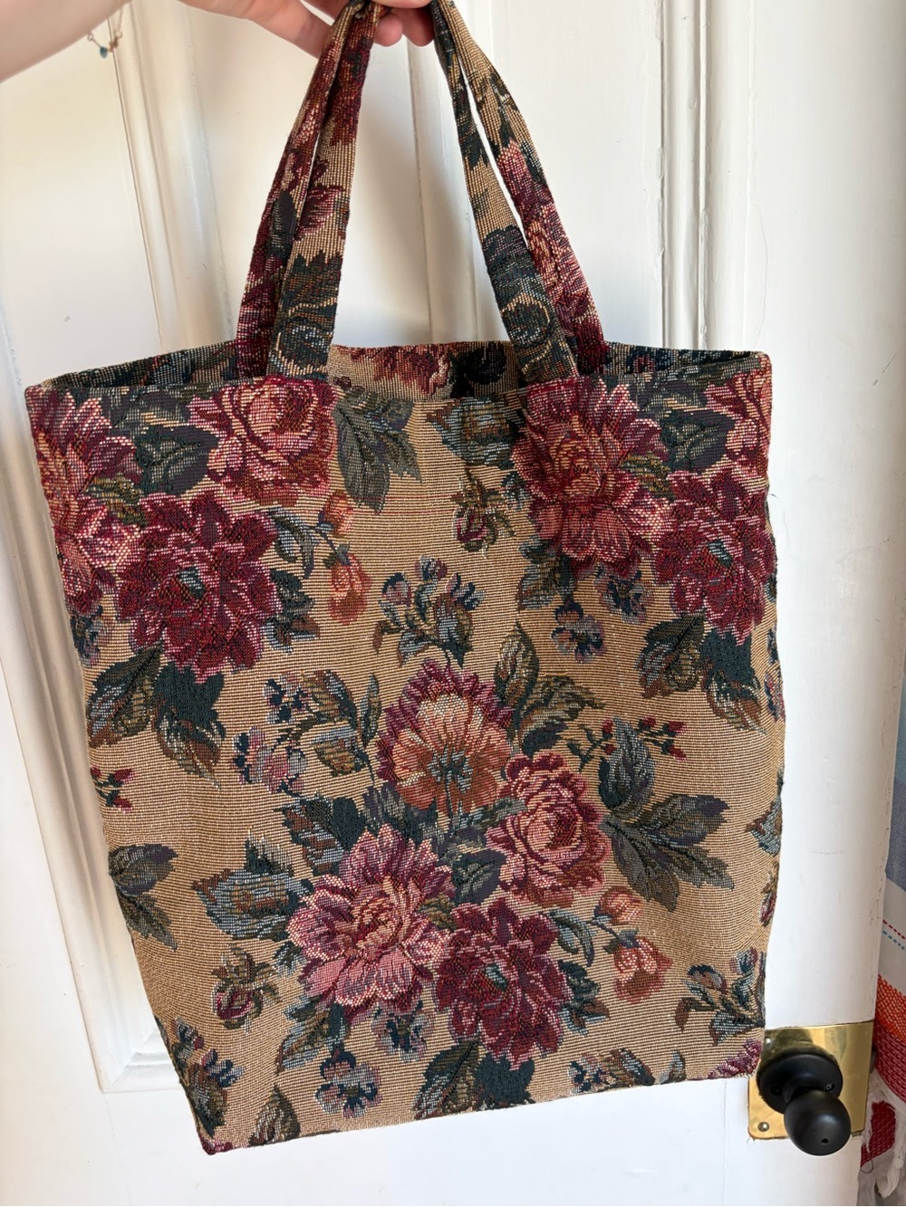 Handmade Floral Tapestry Tote Bag in Beige and Multi-Color - Picture 2 of 6